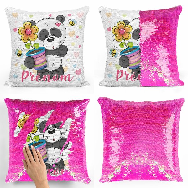 Personalisierte Kissen mit Wendepailletten - Panda mit Blumentopf