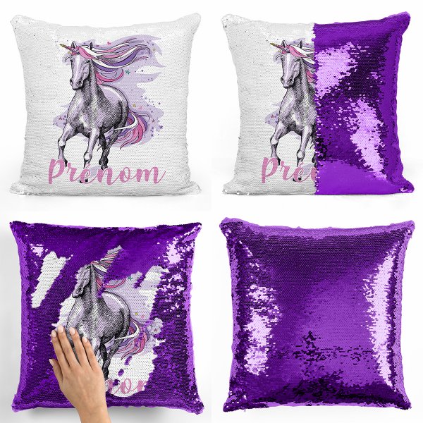 Personalisierte Kissen mit Wendepailletten - Violettes Einhorn