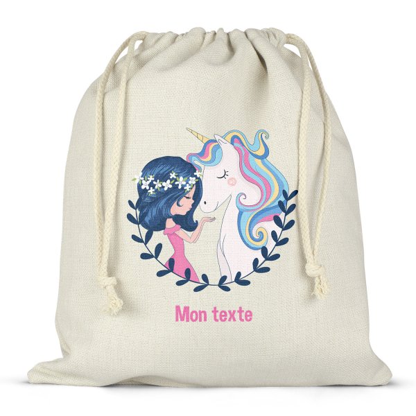 Personalisierter Lunchbox-Beutel mit Schnüren - Mädchen und Einhorn