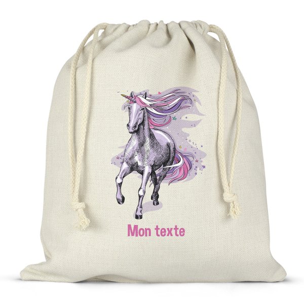 Personalisierter Lunchbox-Beutel mit Schnüren - Violettes Einhorn